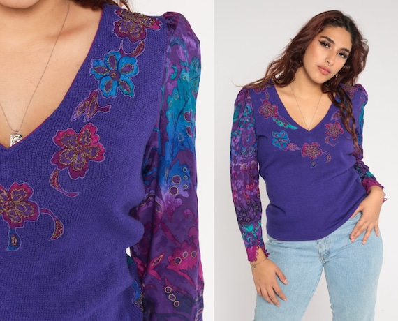 Purple Floral Sweater Top 80s Knit Shirt Boho Long Puff Sleeve Top Retro Flower Print Applique Blouse V Neck Vintage 90s Acrylic Small S