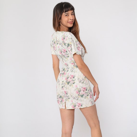 Cream Floral Dress 90s Mini Dress Short Sleeve Ro… - image 6