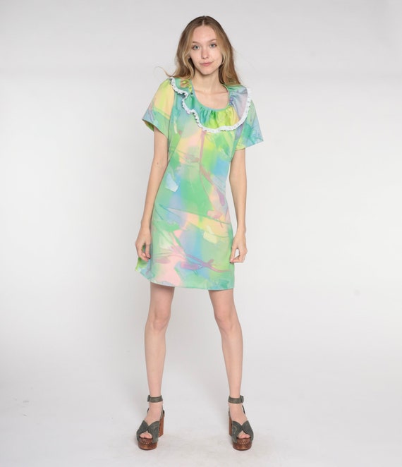 Vintage Psychedelic Mini Dress 70s Watercolor Print Shift Dress Retro Groovy Ruffled Tie Dye Hippie Festival Seventies Gogo 1970s Small