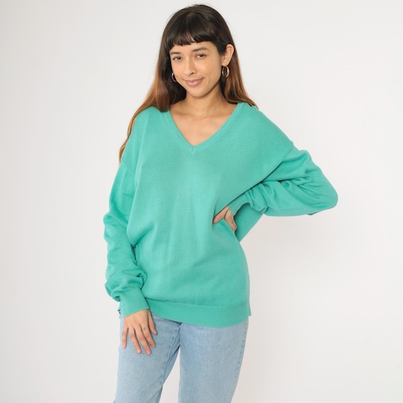 80s V Neck Sweater Green Knit Brooks Brothers Pullover Sweater Slouchy Plain Basic Simple Knitwear Jumper Wool Blend Vintage 1980s Large 44