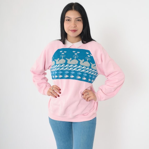 Vintage Pink Whale Graphic Sweatshirt 80s Hanes Pullover Collared Knit Applique Raglan Sleeve Animal Hearts Made in USA 1980s Retro Medium M