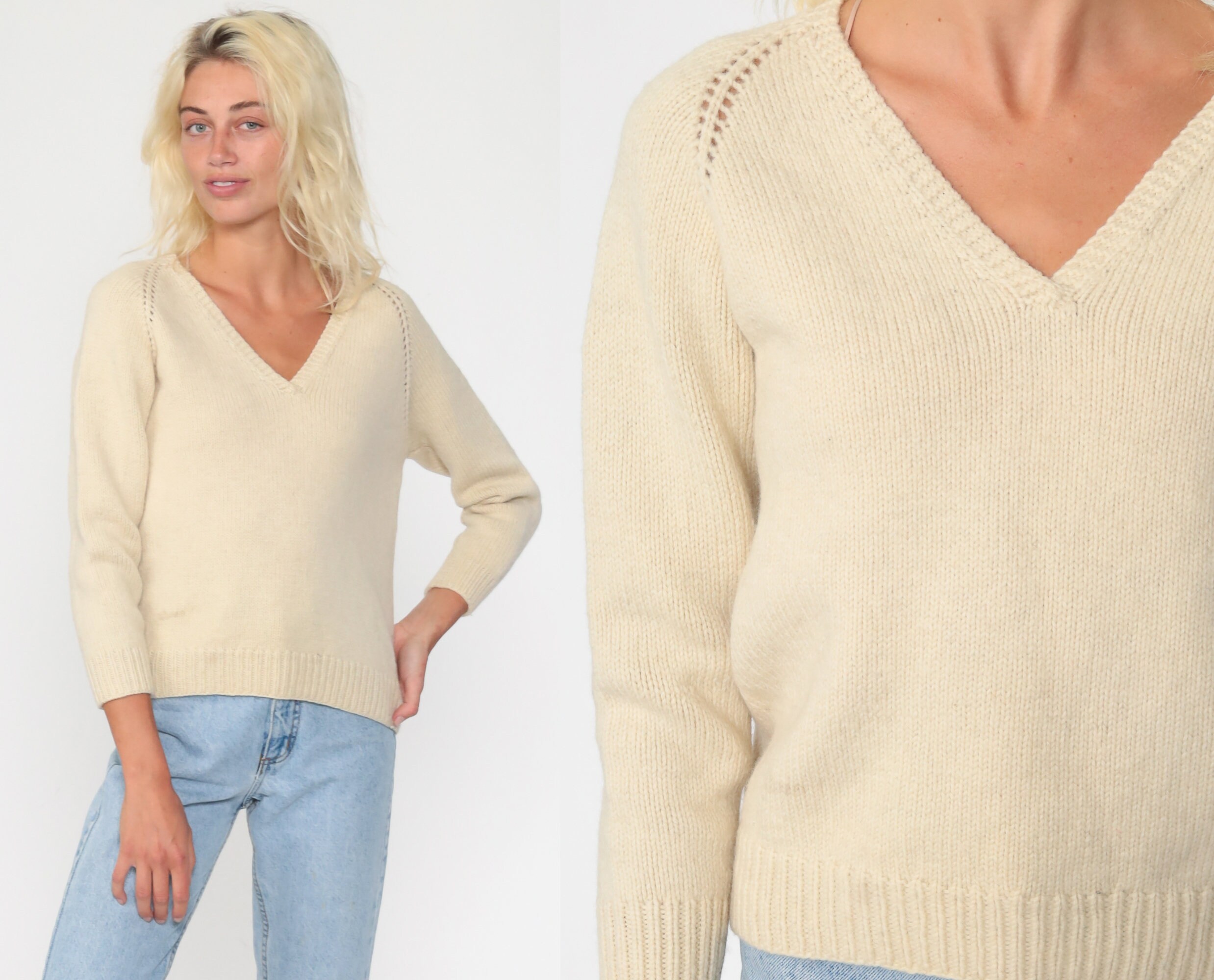 Cutout WOOL Sweater 70s Cream V Neck Sweater Pullover Cut Out Slouchy
