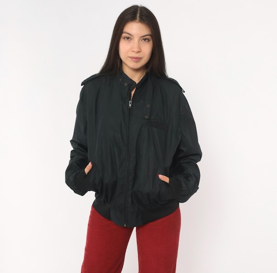 90s Black Bomber Jacket Zip Front Epaulette Shoulder Military Style Windbreaker Snap Collar Stand Neck Unisex Vintage  Coat Medium M
