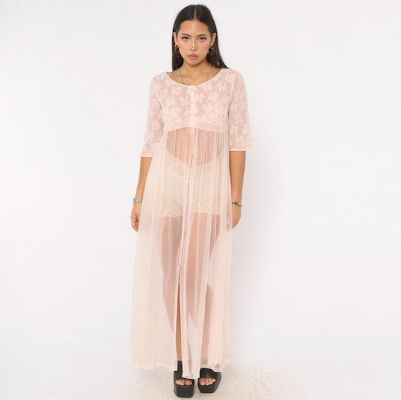 70s Pink Sheer Robe Miss Elaine Lace Floral Embroidered Peignoir Maxi Nightgown Babydoll Lingerie Coquette Balletcore Blush Extra Small XS