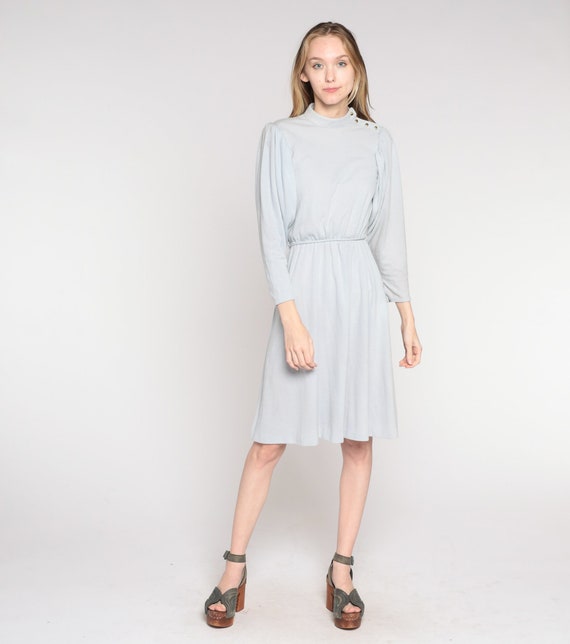 Vintage 80s Puff Sleeve Dress Blue-Grey Midi Secretary Dress High Waisted 70s Button Shoulder Long Sleeve 1980s Knee Length Byer Too Small