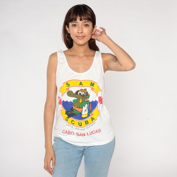 Scuba Mexico Shirt 80s Cabo San Lucas T-Shirt Alligator Sam Graphic Tee Funny Going Down Joke TShirt Single Stitch White Vintage 1980s Small