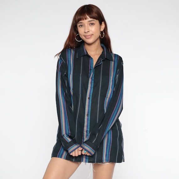 Western Striped Button Up Shirt 1990s Distressed Teal Burgundy Blue Purple Cotton Long Sleeve Relaxed Fit Casual Vintage Workwear Large L 14