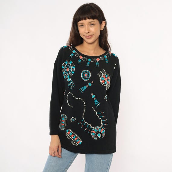 90s Southwestern Sweater Black Beaded Turquoise Coral Embellished Native American Jewelry Inspired Design Cotton Vintage Pullover Large L
