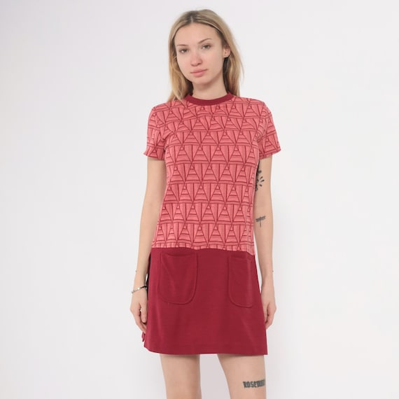 60s Coral Scooter Dress Mini Geometric Print Pink Red Knee Length Mod Summer Space Age Retro Vintage Color Block Go Go Extra Small XS