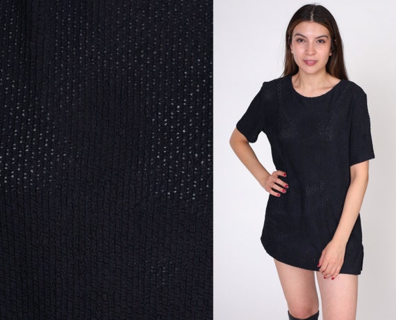 Sheer Black T-Shirt 90s Cut Out Mesh Party T Shirt Gothic Tshirt Blank Goth Minimalist Cutout Short Sleeve Vintage 1990s Medium