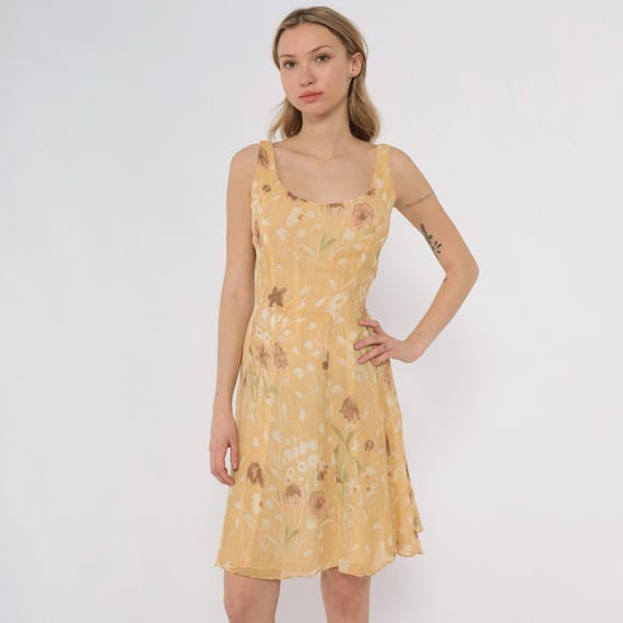 Barami Silk Dress 90s Yellow Floral Sundress Sleeveless Tank Mini Garden Party Cottage Core Vintage Tie Back Scoop Neck Extra Small 2 XS