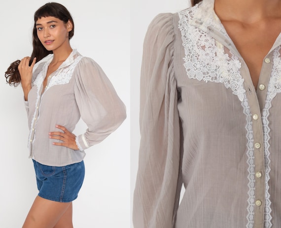 Prairie Blouse Puff Sleeve Shirt Grey Lace Button Up Shirt 70s Boho Top Vintage 1970s Bohemian Retro Long Sleeve Hippie Extra Small xs