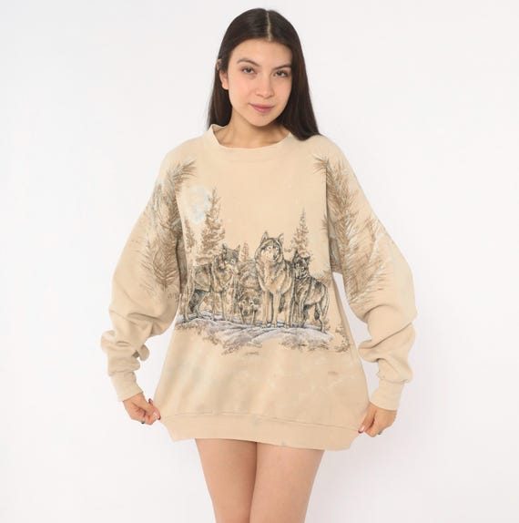 Wolf Pack Sweatshirt 90s Nature Wildlife Cream Tan Cotton Forest Moon Pine Tree Animal Unisex Wilderness Vintage Beige Sand Sweater Large L