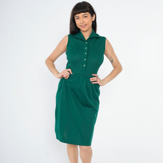 Vintage 70s Green Mod Dress Ribbed Knit Button Up Dress Sleeveless Knee Length Midi High Waisted 1970s Retro Plain Small Medium