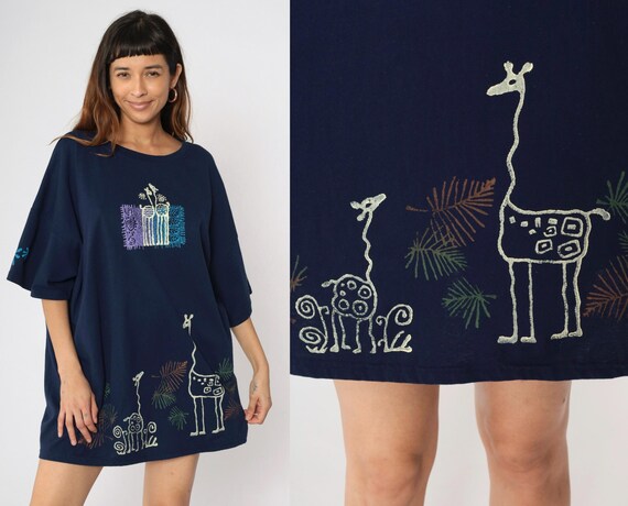 90s Giraffe TShirt Dress Jungle T-Shirt Mini Navy Blue Night Shirt Sleep Safari Animal Graphic Tee Short Sleeve Vintage 1990s Plus Size