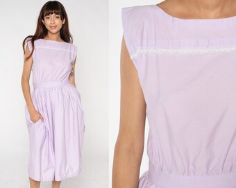 Lavender Midi Dress 80s Day Dress Crisp Full Pleated Skirt Sleeveless Summer Dress Retro High Waisted Pastel Purple Vintage 1980s Medium M