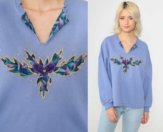90s Heart Sweatshirt Periwinkle & Gold Studded Leaf Print V Neck Long sleeve Lettuce Edge Hem Retro 1990s Vintage Jerzees Extra Large xl