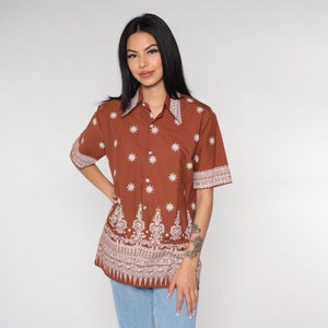Batik Floral Shirt 90s Brown Button Up Short Sleeve Top Geometric Flower Print Groovy Psychedelic Bohemian Retro Vintage 1990s Medium 15 1/2