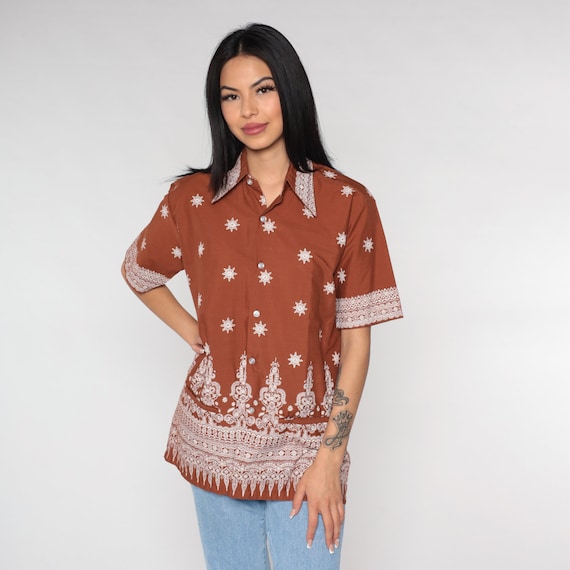 Batik Floral Shirt 90s Brown Button Up Short Sleeve Top Geometric Flower Print Groovy Psychedelic Bohemian Retro Vintage 1990s Medium 15 1/2