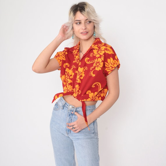 Floral Crop Top 90s Red Tropical Hawaiian Cap Sleeve Cropped Tie Front Blouse Button Up Aloha Shirt Vintage 1990s Happy Shirts Medium