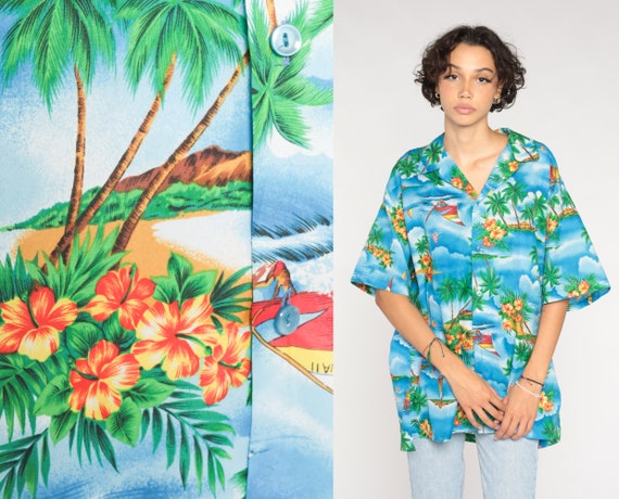 Blue Hawaiian Shirt 90s Tropical Button Up Sailboat Palm Tree Print Top Retro Surfer Vacation Short Sleeve Summer Vintage 1990s Mens 2xl xxl