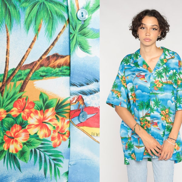 Blue Hawaiian Shirt 90s Tropical Button Up Sailboat Palm Tree Print Top Retro Surfer Vacation Short Sleeve Summer Vintage 1990s Mens 2xl xxl