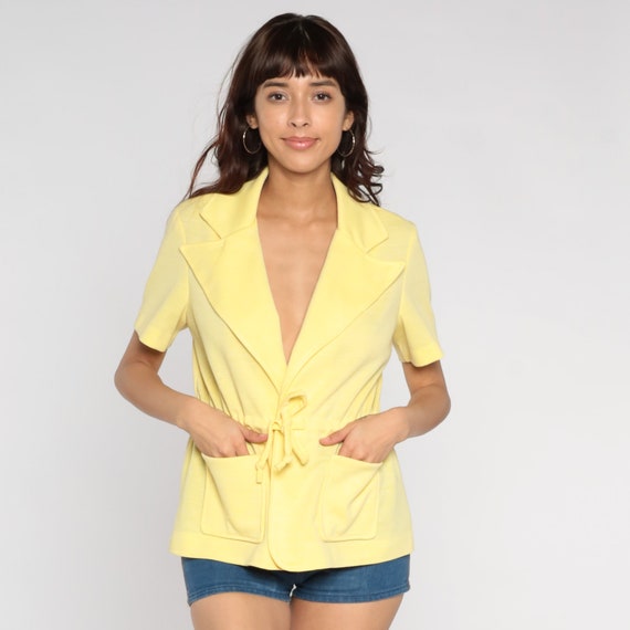 70s Yellow Top Tie Front Blouse Collared Shirt Deep V Neck Oversized Notched Collar Boho Short Sleeve Retro Mod Vintage 60s Medium