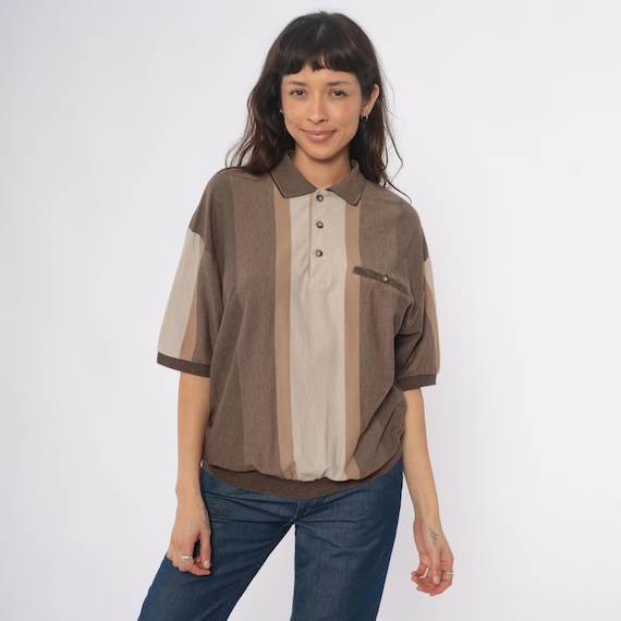 90s Striped Polo Shirt Brown Tan Beige Vertical Stripe Collar Button Front Chest Pocket Short Sleeve Cotton Boxy Neutral Vintage Large L