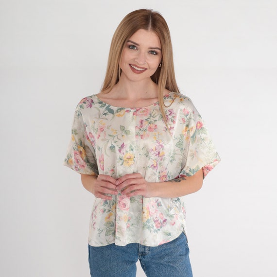 Floral Pajama Top 90s Barbizon Lingerie Sleep Shirt Satin Flower Print Half Button Up Loungewear Cream Short Sleeve Vintage 1990s Large L
