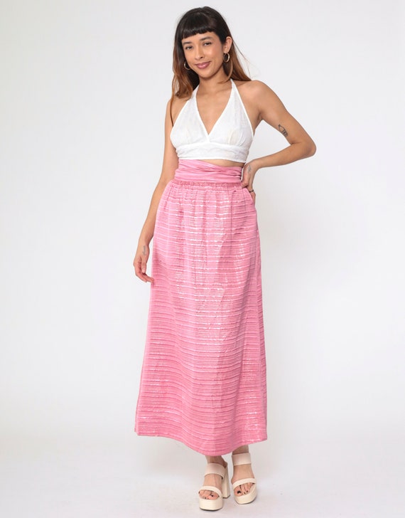 60s Maxi Skirt Long Pink Metallic Skirt Formal Evening Skirt Striped Retro Cocktail Party Sixties Prom Evening Vintage 1960s Small xs