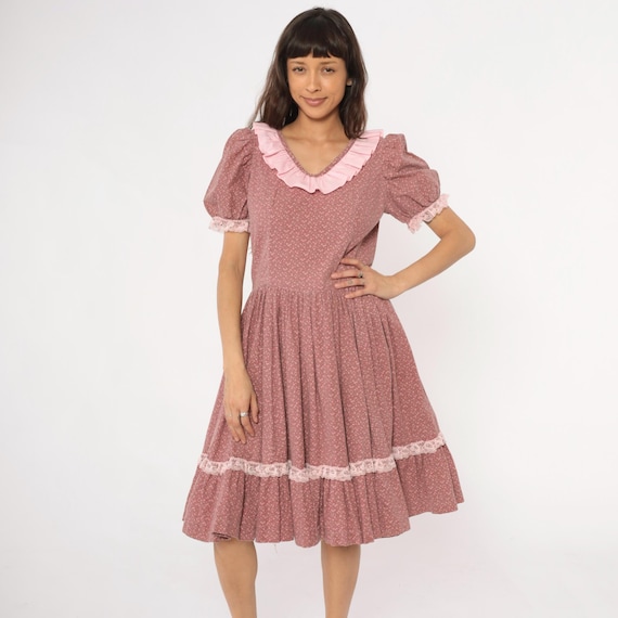 70s Prairie Dress Floral Mauve Pink Cottagecore Ruffled Collar Lace Trim Calico Print Cotton Dusty Rose Fairycore Coquette Vintage Large L