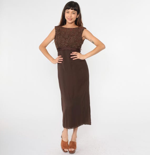 Vintage Lace Party Dress Cocktail Dress 60s Brown Bow Prom Dress Maxi V Back Sleeveless Empire Waist 1960s Sixties Formal Mad Men Medium 8