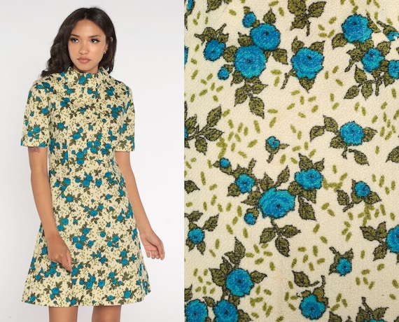 Mod Floral Dress 60s Wool Blend Mini Dress Retro A Line Short Sleeve Mock Neck Twiggy Sixties Groovy Cream Blue Vintage 1960s Extra Small xs