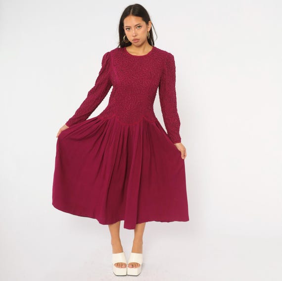 90s Beaded Burgundy Midi Dress Talbots Long Sleeve Scoop Neck Drop Waist Wine Maroon Evening Cocktail Party Formal Gothic Vintage Large L