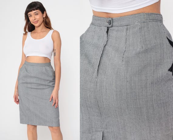 Black Checkered Skirt 80s Midi Skirt High Waisted Skirt