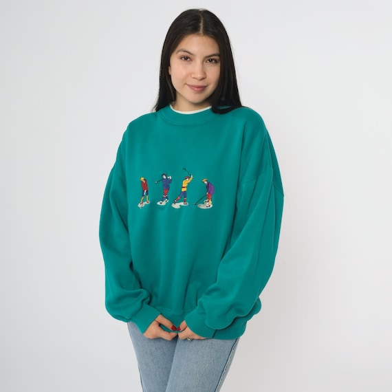 90s Golf Sweatshirt Vintage Green Crewneck Pullover Embroidered Golfer Graphics Preppy Country Club Sporty Athleisure Long Sleeve Large L