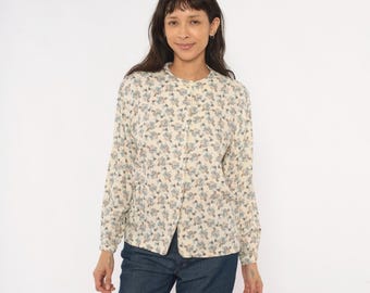 90s Floral Button Front Blouse Cream Blue Collarless Puff Sleeve Shirt Ivory Prairie Cottagecore Top Sand Beige Vintage Medium M