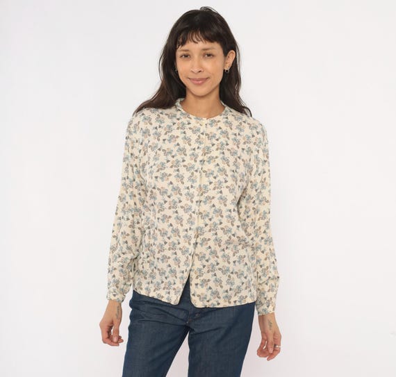90s Floral Button Front Blouse Cream Blue Collarless Puff Sleeve Shirt Ivory Prairie Cottagecore Top Sand Beige Vintage Medium M