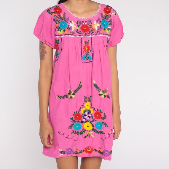 Pink Mexican Dress 90s Rainbow Floral Embroidered… - image 6