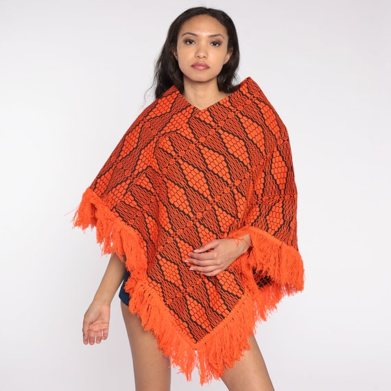 Embroidered Poncho 70s MEXICAN Poncho Neon Orange… - image 4