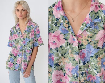 Floral Blouse 90s Button up Shirt Short Sleeve Top Flower Rose Print Collared Summer Boho Retro White Blue Pink Green Vintage 1990s Medium M
