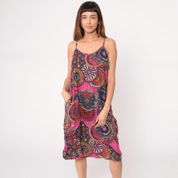 Y2K Psychedelic Dress Pink Purple Mandala Print Slip Dress Sleeveless Spaghetti Strap Abstract Colorful Kaleidoscope Summer Vintage Large L