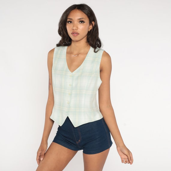 70s Plaid Vest Checkered Button Up Vest Sleeveless Waistcoat Retro Nerd Preppy Top White Green Tartan Check Seventies Vintage 1970s Small S
