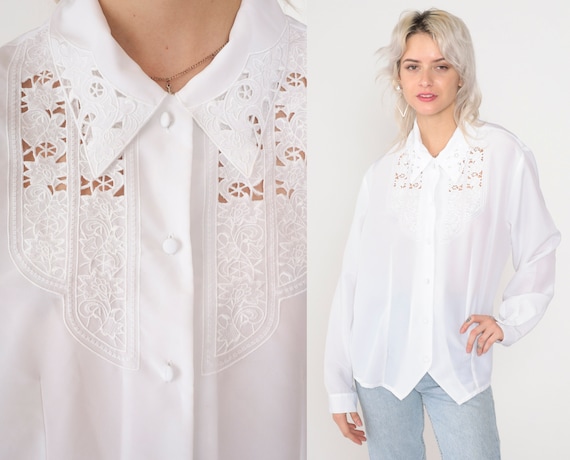 White Cutout Blouse 90s Floral Embroidered Button up Top Bali Cutwork Shirt Cut Out Top Long Sleeve Hippie Bohemian Vintage 1990s Large L