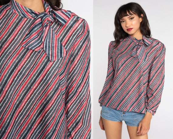 Striped Ascot Shirt Red Grey Secretary Blouse Lon… - image 1