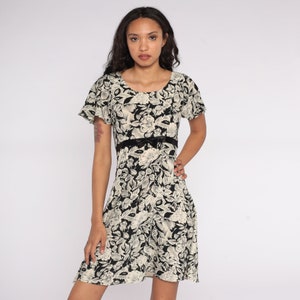 Floral Mini Dress Flutter Sleeve Dress Black Off-White 90s Flower Print Dress Empire Waist 1990s Short Sleeve Vintage Minidress Small S