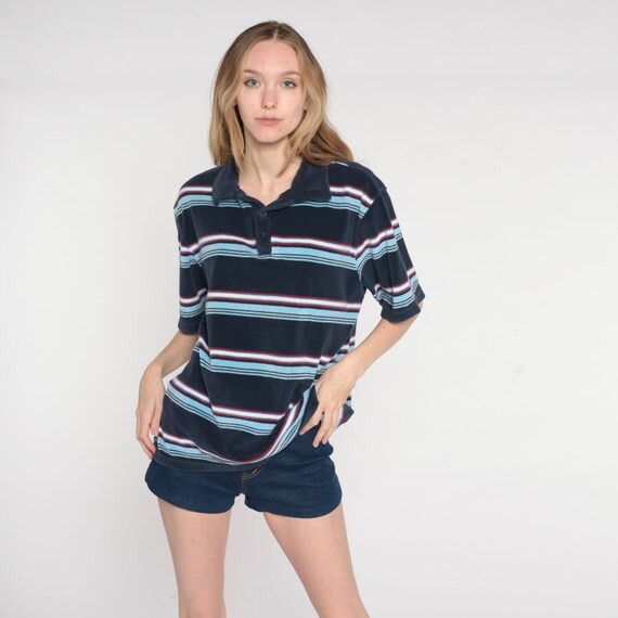 Terry Cloth Shirt Y2k Navy Blue Striped Polo Shirt Half Button up
