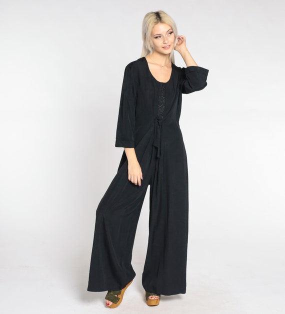 Black Jumpsuit 90s Wide Leg Pantsuit Floral Embroider… Gem