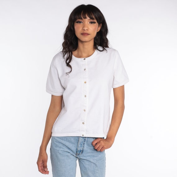 White Button Up Shirt 90s Cotton Tshirt Vintage P… - image 3