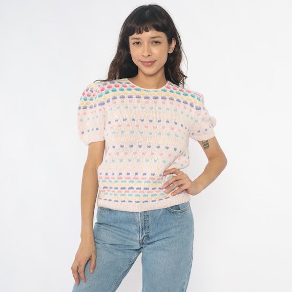 Pastel Knit Top 80s Bubble Puff Sleeve Cropped Polka Dot Pattern Cotton Coquette Fairycore Cottagecore Cream Pink Blue Yellow Vintage Small